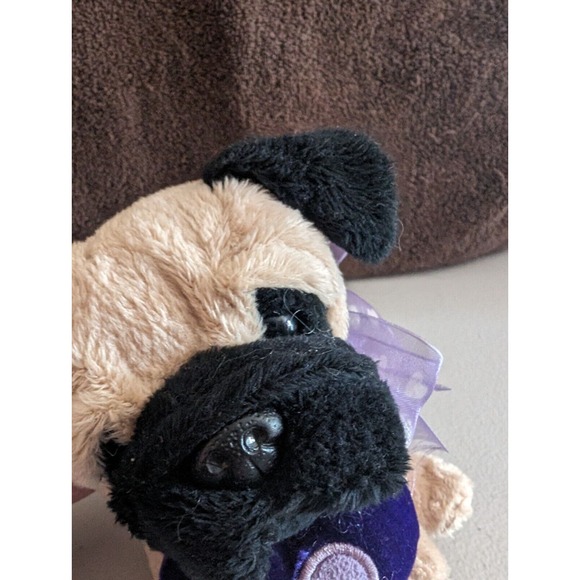 E&J Classic Puggle Dog Plush Stuffed Animal Puppy Beige Puglet Purple Heart Bow - Picture 3 of 8